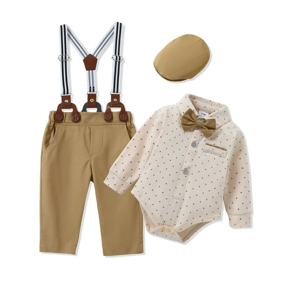 CARETOO Infant Boy Clothes Formal 4Pcs Outfit Long Sleeve Dress Shirt Suspender Pants Bowtie Beret