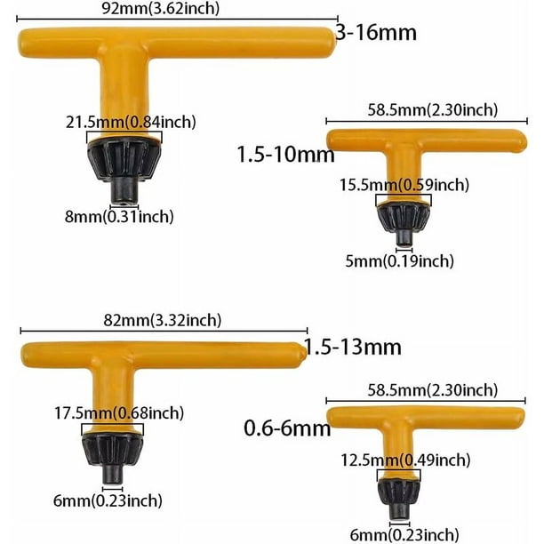 4 llaves de portabrocas eléctricas de acero amarillo de 6 mm, 10 mm, 13 mm, 16 mm, llave de portabrocas universal, llave de taladro universal en forma de T para apretar taladros