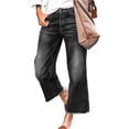 thumbnail image 2 of Wutalume Baggy Jeans for Women Wide Leg Mid Waist, Fringed Cropped Denim Pants, Trendy Boho Style with Distressed Hem,Black L, 2 of 8