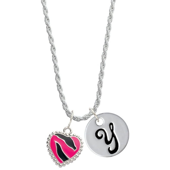 Delight Jewelry Silvertone Hot Pink Zebra Print Heart Silvertone Script Initial Disc - Y - Charm Necklace, 20"+3"