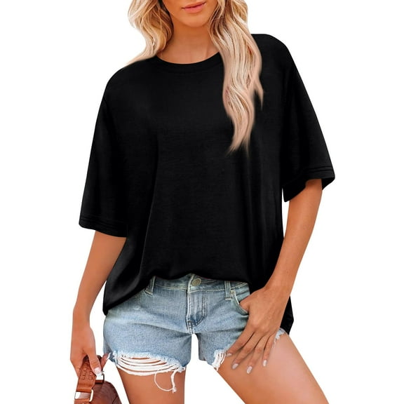 Womens Summer Tunic Tops, Casual Short Sleeve Round Neck Top Comfort Colors Basic Tees Blouses Loose Fit Pullover Tops For Women Trendy Ladies Tops And Blouses Work Tops (XXL, Black) ZMTing