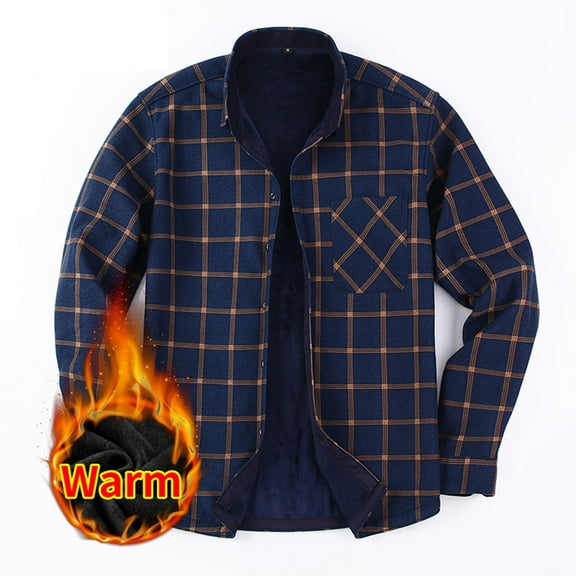 NTACZA Thick Shirts for Men Button Down Blue Fleece Lined Shirt Jacket Long Sleeve Thermal Plaid Shirts for Men L