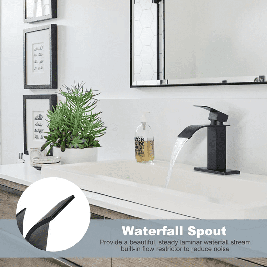 WOWOW Black Waterfall Bathroom Faucet Single Handle Faucet for Bathroom Sink