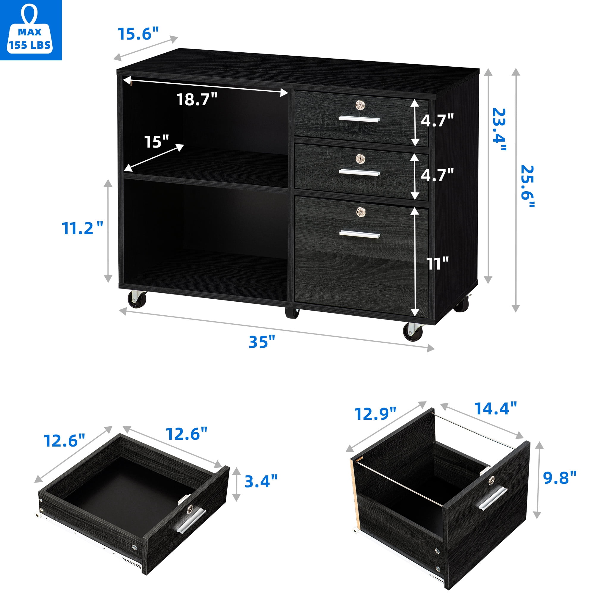 Dextrus 3-Drawer Wood File Cabinet with Lock, Mobile Lateral Filing Cabinet Rolling Printer Stand for Office, Black