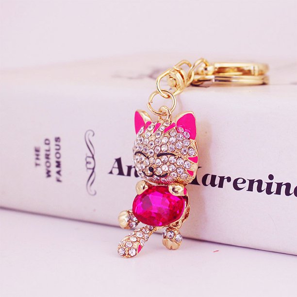 Llavero creativo con forma de gato de la suerte con incrustaciones de diamantes, accesorio para bolso de mujer, llavero con colgante de metal de gatito, regalo pequeño