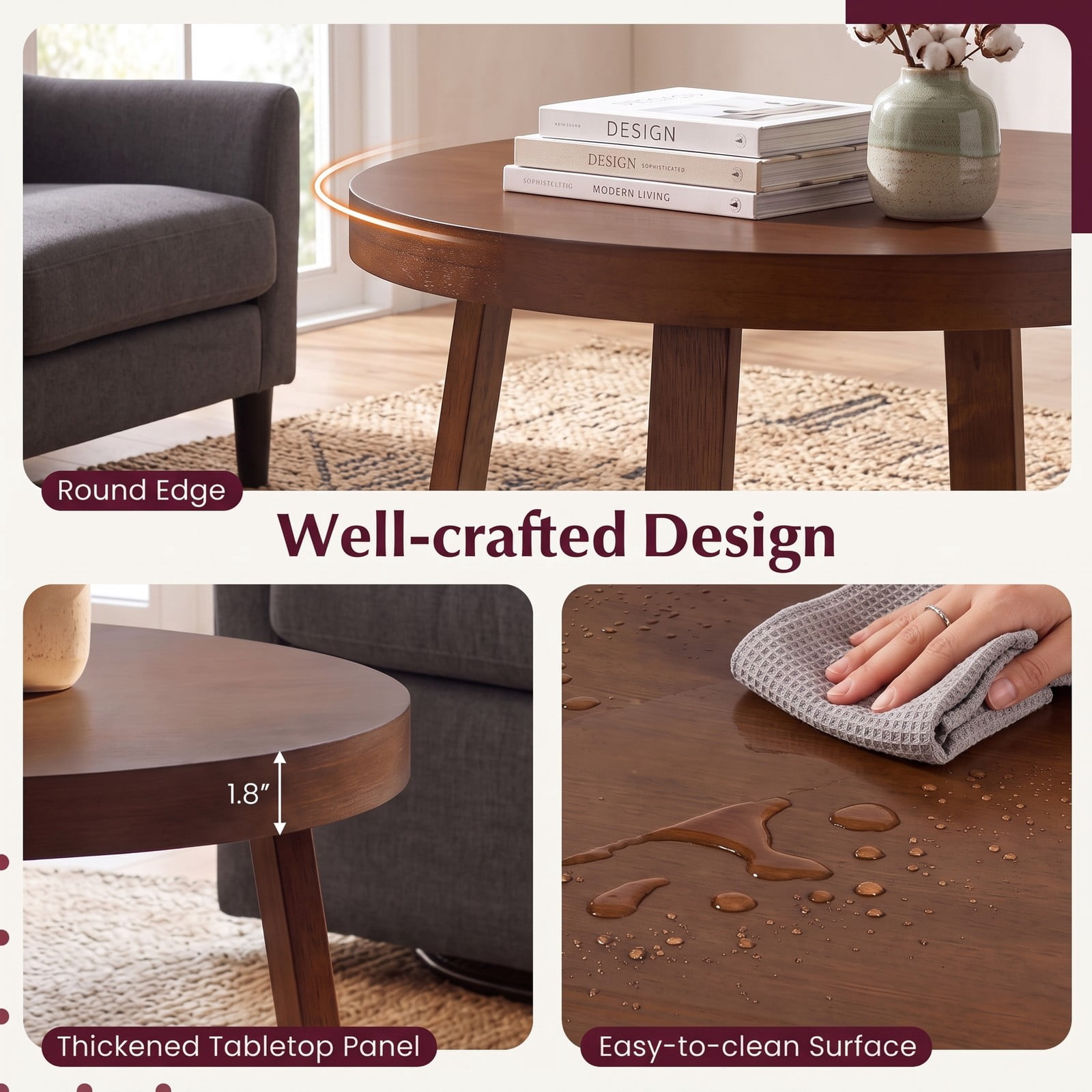 Furnibear Round Coffee Table for Living Room, 30 Inch Farmhouse Accent Table with Solid Rubber Wood Legs, X-Shaped Base, Round Center Cocktail Table for, Walnut
