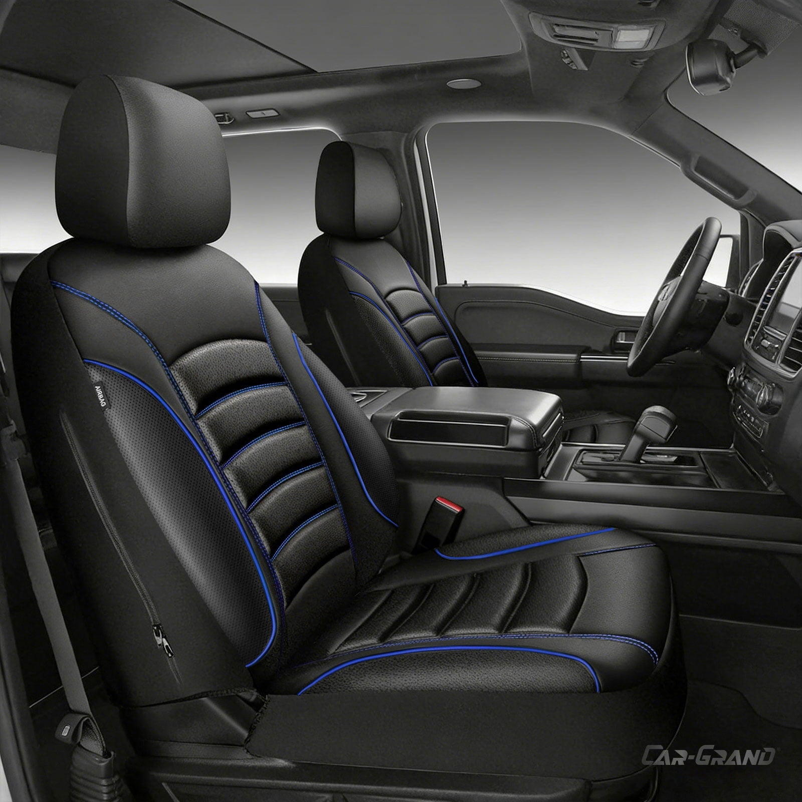 CAR GRAND PU Leather Car Seat Covers, Universal Fit Front Pair for Trucks SUV Sedan Automotive Seat Protectors Armrest Airbag Compatible Waterproof 3D Foam Comfortable Faux Nappa Leather Blue  Piping