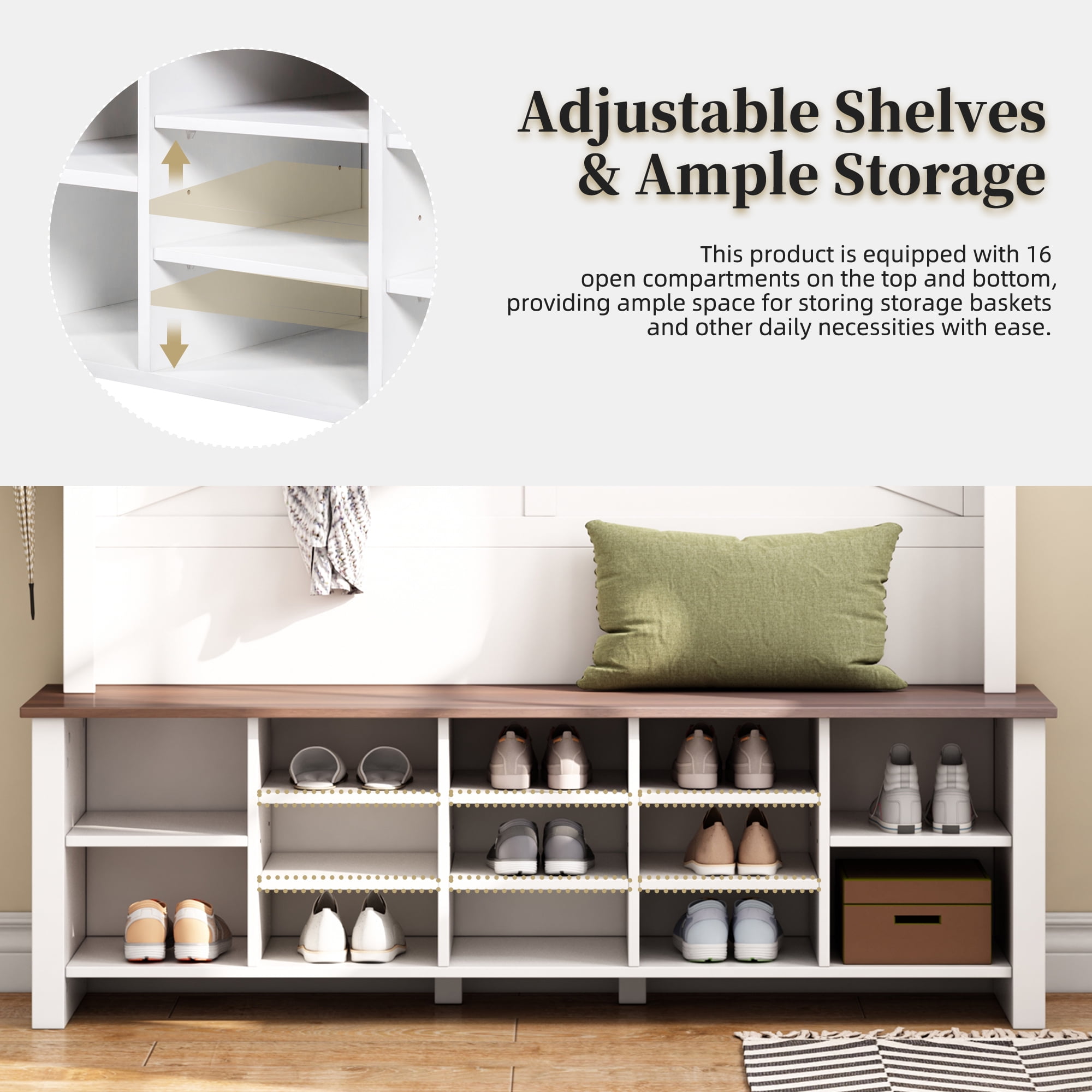 Euroco Farmhouse Hall Tree with 6 Hooks,Adjustable Shelves and 16 Open Compartments