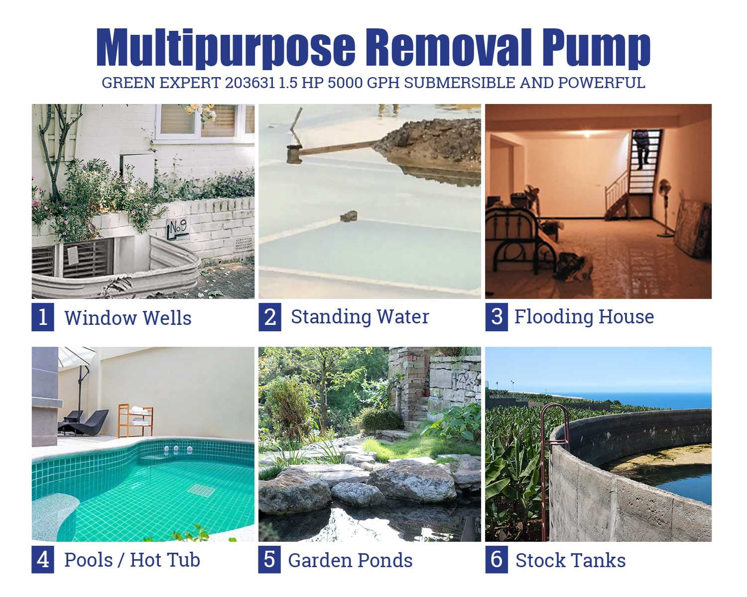 Green Expert 1.5HP Submersible Sump Pump High Flow 5000GPH 25ft Power Cord Manual Automatic On/Off for Water Removal from Basement Sump Pit Pools Hot Tub Spas Garden Pond