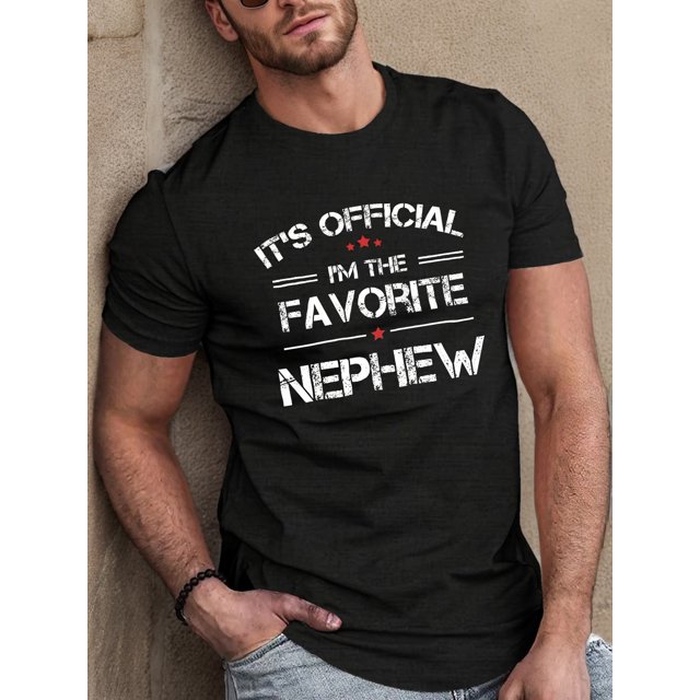 Men's Casual Polyester T-Shirt, "Favorite Nephew" Print, Short Sleeve, Round Neck, Stretch Fabric, Geometric Design, Summer Top for Adults