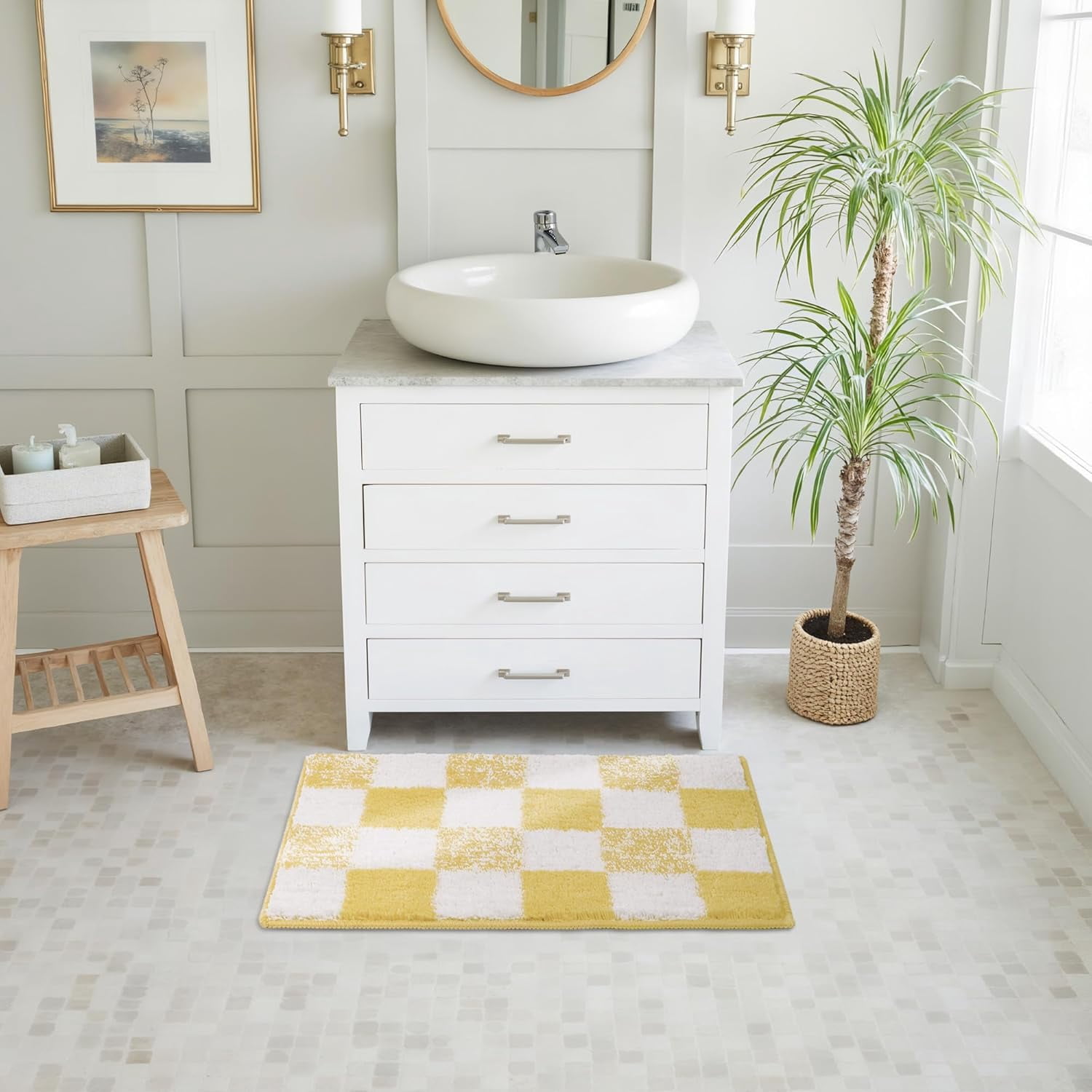 GRANNY SAYS Checkered Bathroom Rug, Absorbent Microfiber Ultra Soft Bath Mat Washable, Non-Slip Shower Mats, 24" x 16", Yellow