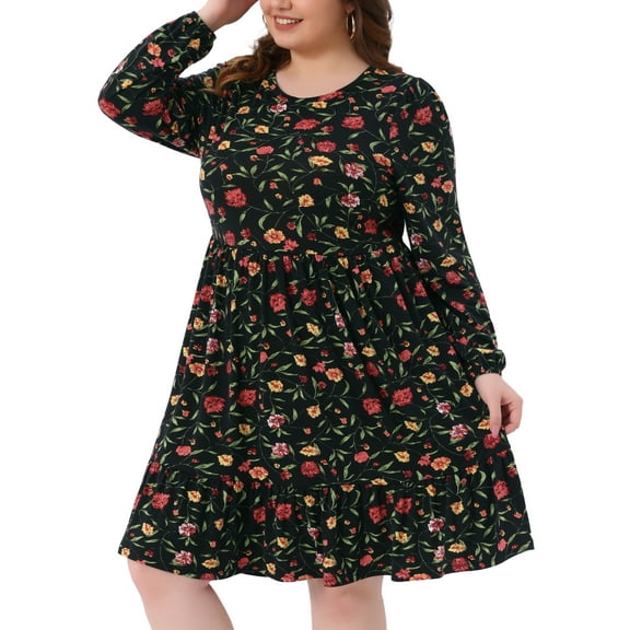 DARING DIVA Plus Size Long Sleeve Pleated Tiered Floral Dress 1X Black