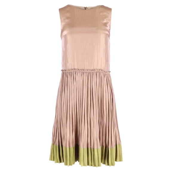 Pre-Owned Red Valentino Crew Neck Pleated Midi Shift Dress in Rose Satin