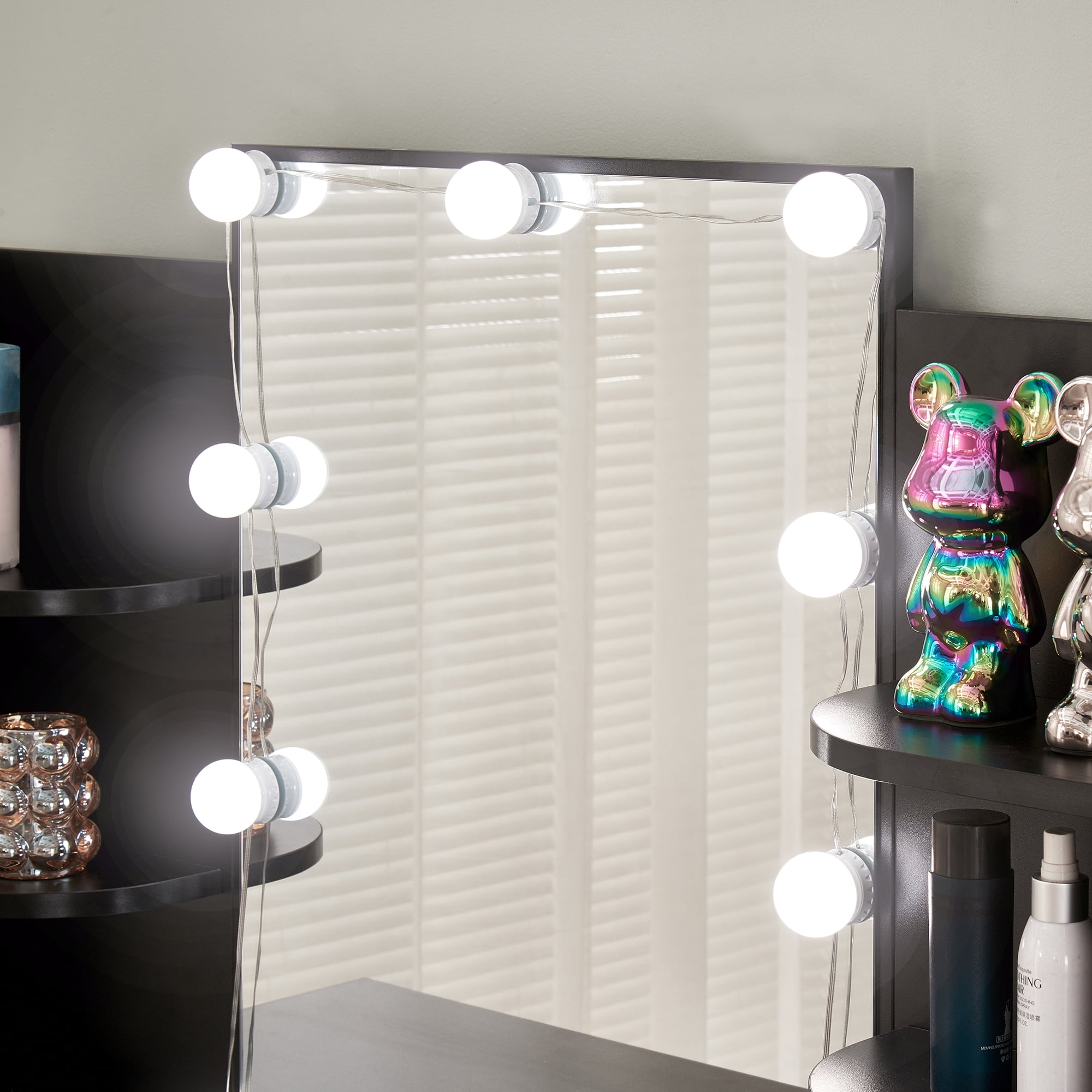 Kadyn Large Vanity Set, Vanity Table Set with 10 Light Bulbs, Makeup Vanity Desk with Cushioned Stool, 6 Storage Shelves 2 Drawers for Bedroom, Black Kadyn Large Vanity Set, Vanity Table Set with 10 Light Bulbs, Makeup Vanity Desk with Cushioned Stool, 6 Storage Shelves 2 Drawers for Bedroom, Black