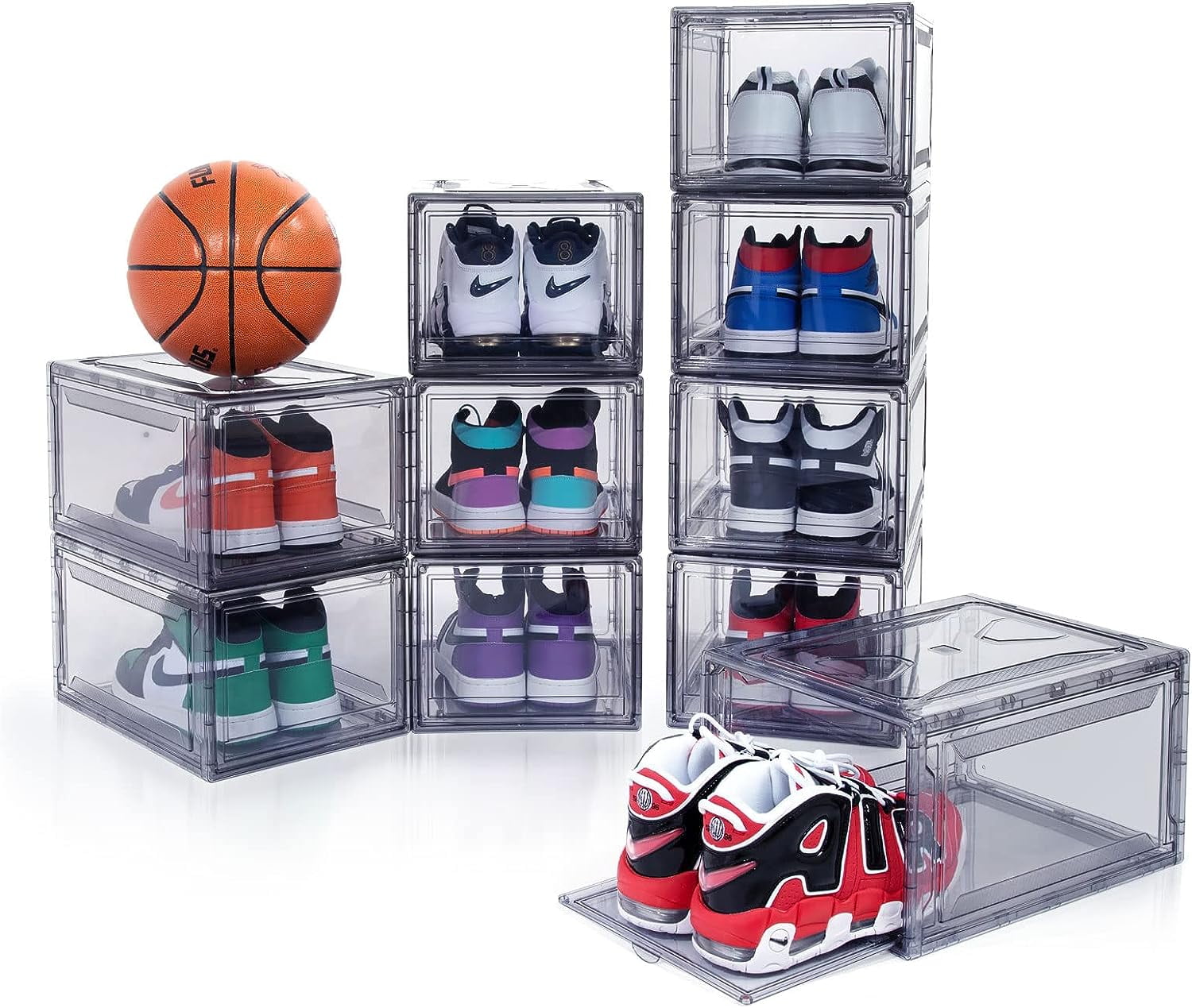 YOUTENG Large Black Shoe Box Plastic Stackable, 12 Pack Shoe Storage Containers with