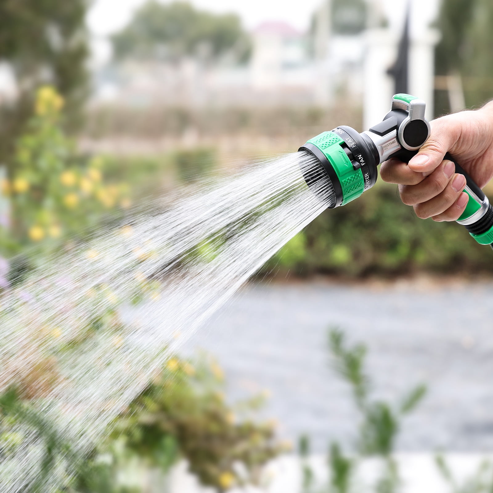Restmo 100% Metal Heavy Duty Garden Hose Nozzle, 9 Spray Patterns, Patent 2-Way Water Patterns, Leak-Proof Thumb Control for Lawn & Yard Watering