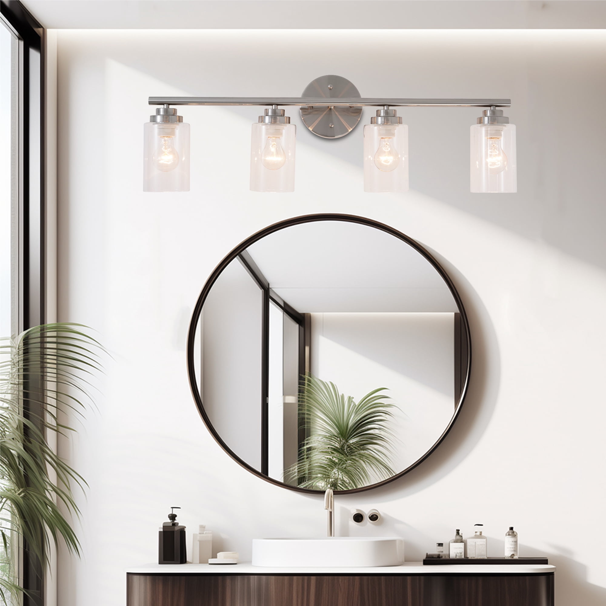 4-Light Bathroom Light Fixtures, Sand nickel color Modern Vanity Lights Over Mirror with Clear Glass Shade, Bathroom Wall Lamp for Mirror Kitchen Living Room Hallway Cabinet Porch Bedroom