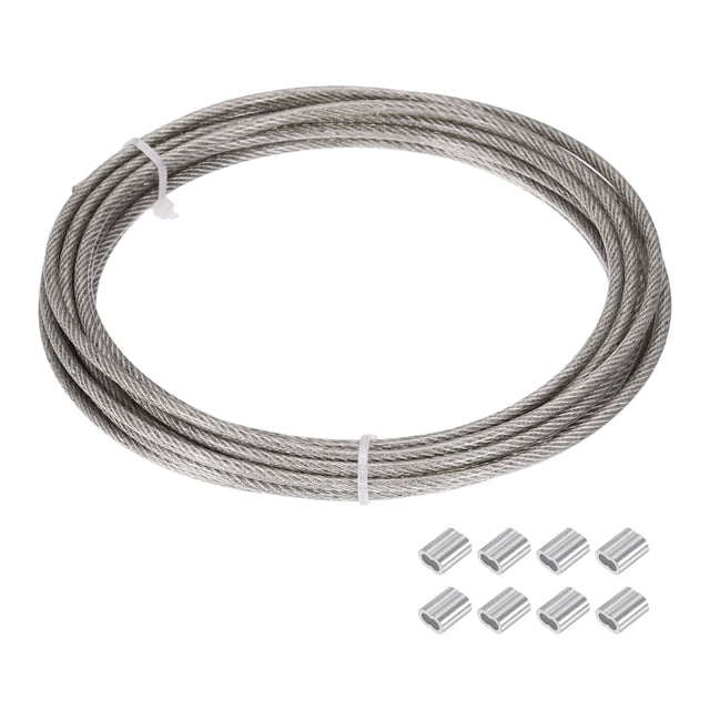 Uxcell 1/8" Cable de alambre, 16.4 pies de cable de acero inoxidable 304 recubierto de vinilo con mangas de crimpar M3 para colgar luces, cuerdas para la ropa, enrejados, transparente