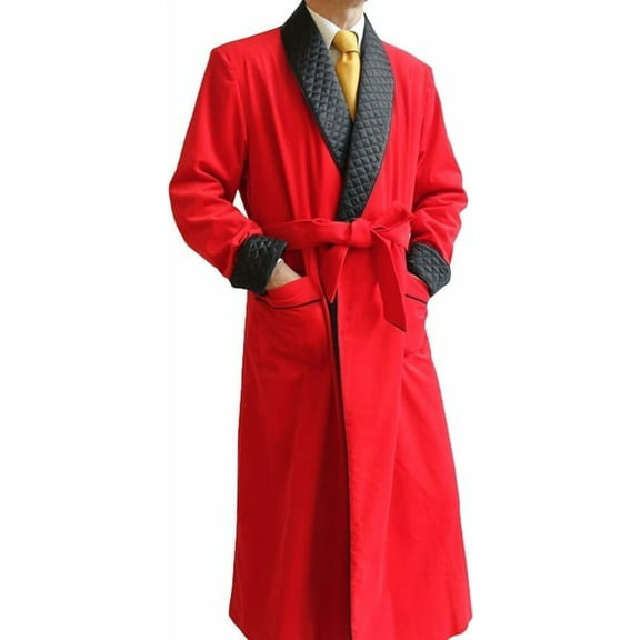 Men's Red Velvet Smoking with Black Satin Quilted Robes Gown Jackets Christmas Evening Party Wear Coats 