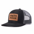 thumbnail image 4 of FAITH OVER FEAR Leather Patch Embroidered Color Block Trucker Hat Unisex Adjustable Cotton Breathable Fashion Cap for Travel Daily Wear, 4 of 11