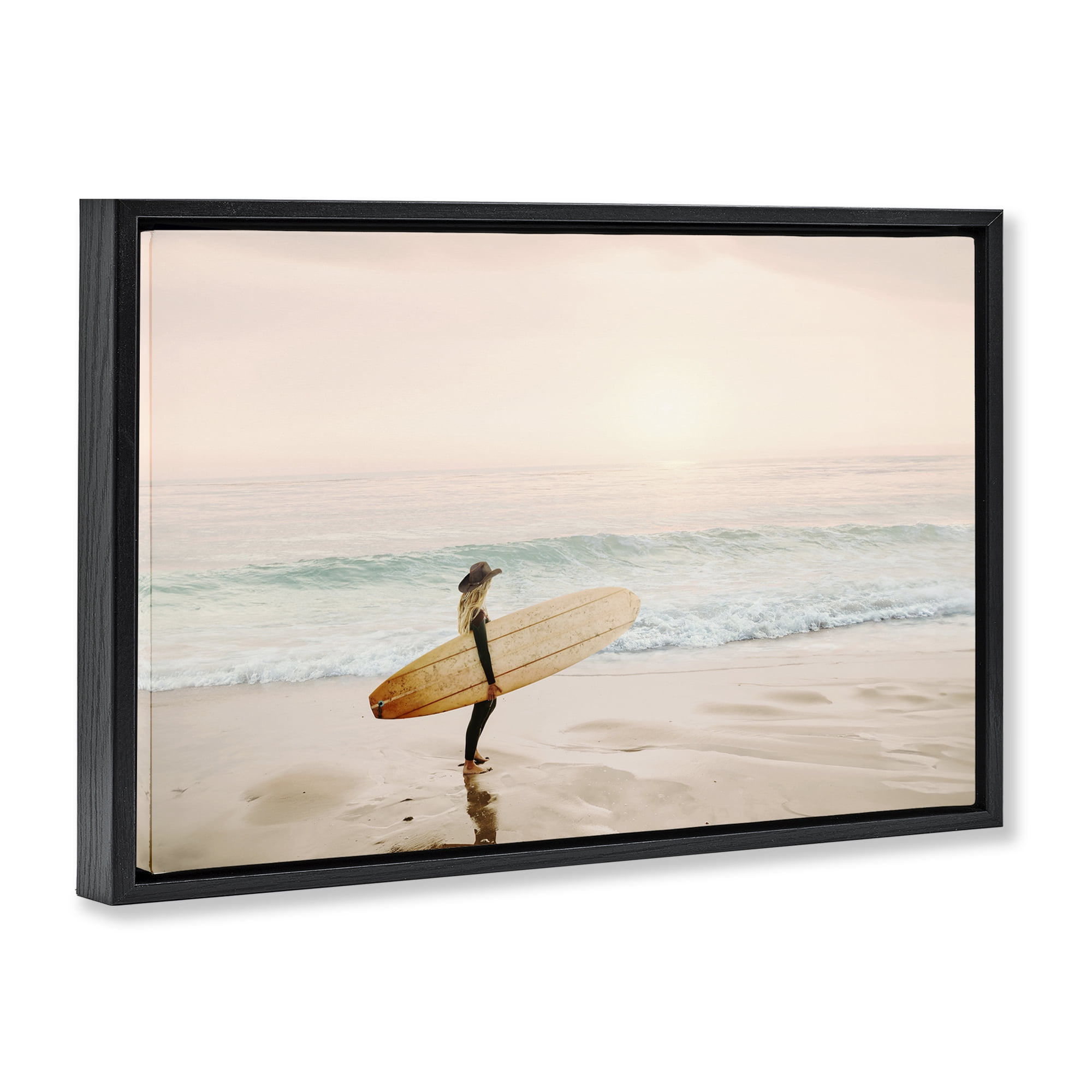 Stupell Industries Surfer Cowgirl on Beach Sports Photography Black Floater Framed Canvas Art Print Wall Art, 31 x 21