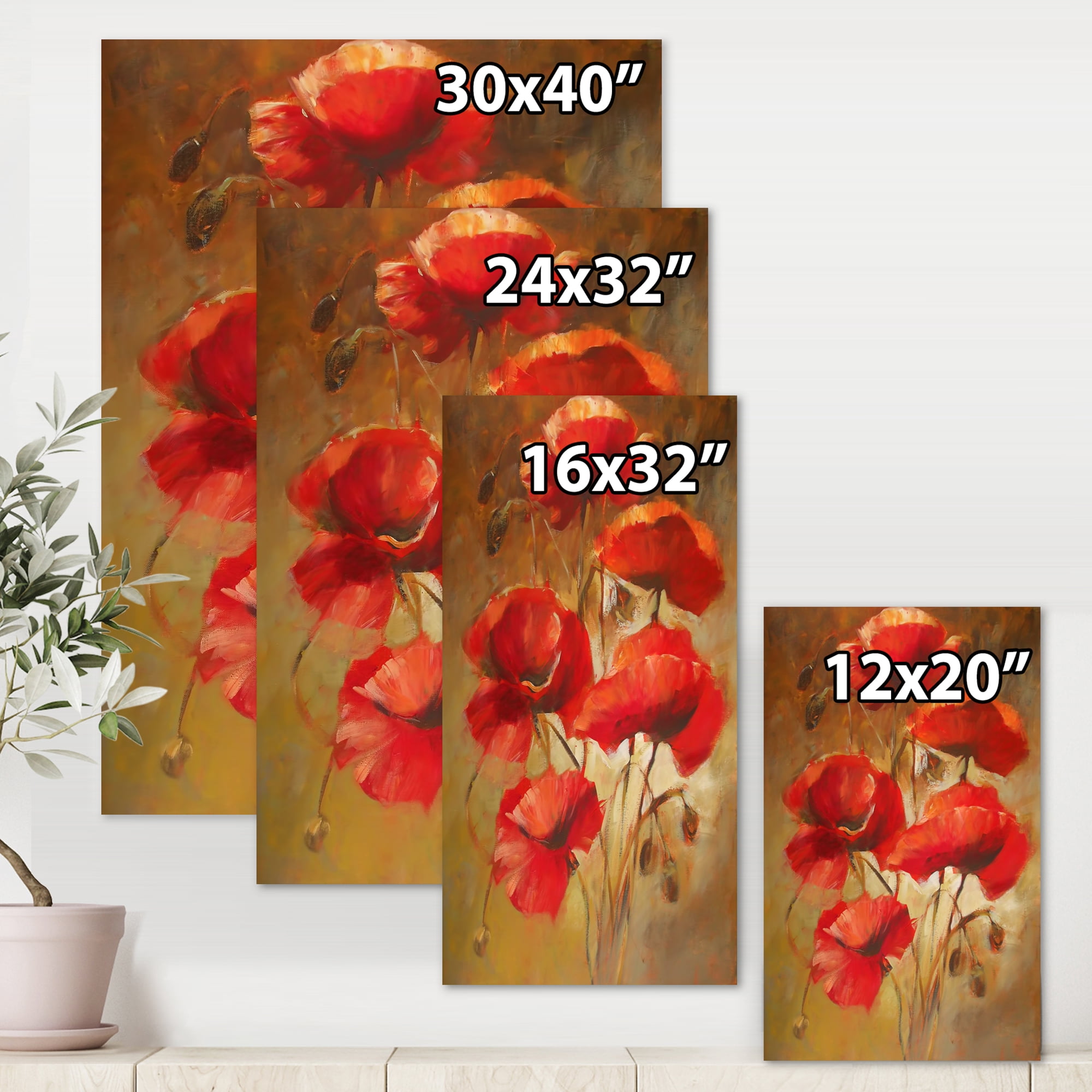 Designart ' Red Blossoming Poppies Over Wild Brown I ' Traditional Canvas Wall Art Print