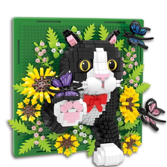Flowers Tuxedo Cat Animal 3D Wall Art Micro Mini Building Blocks Set, Unique Home Wall Decor or Table Display, No Compatible with Lego, Ide