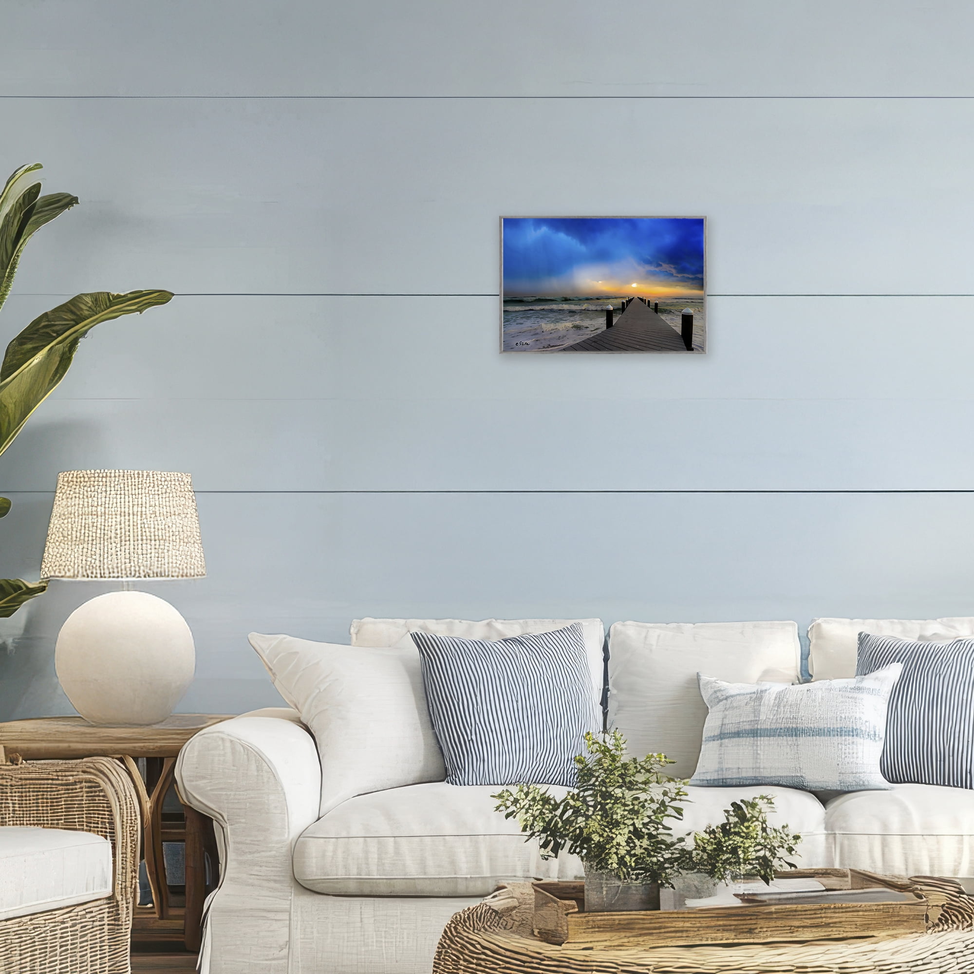 Stupell Industries Sun Breaking Over Sea Pier Gray Framed Giclee Art, design by Eszra Tanner