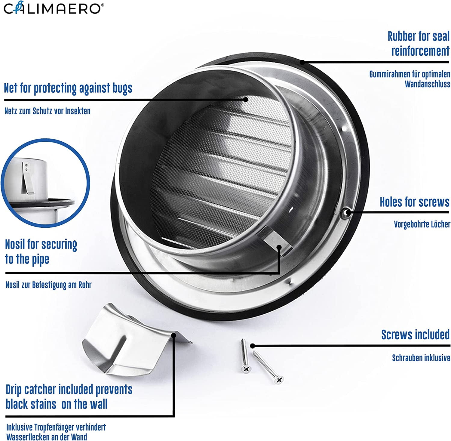 Calimaero KWG 6" inch Round Stainless Steel Outdoor Dryer Vent Cover Ventilation Grill Hood