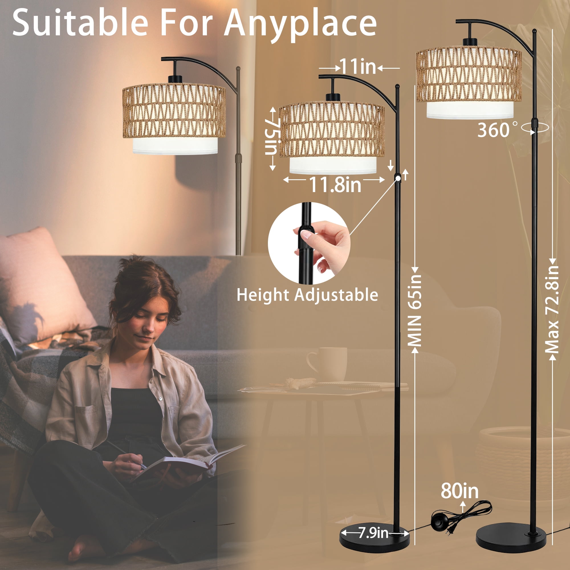 JOPESO Boho Floor Lamp with Remote, Standing Lamp with 3 Color Temperatures Adjustable Tall Lamps Dimmable Rattan Lampe with Fabric Shades for Living Room Bedroom