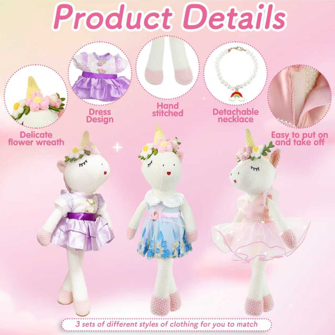 LINXUXIE Unicorns Stuffed Animal Doll Toys, Plush Doll with Cloth, Shoe, Bag, Ballet Dress Up Doll for Girl, Birthday Gifts for 1-3 3-5 5-8 Year Old