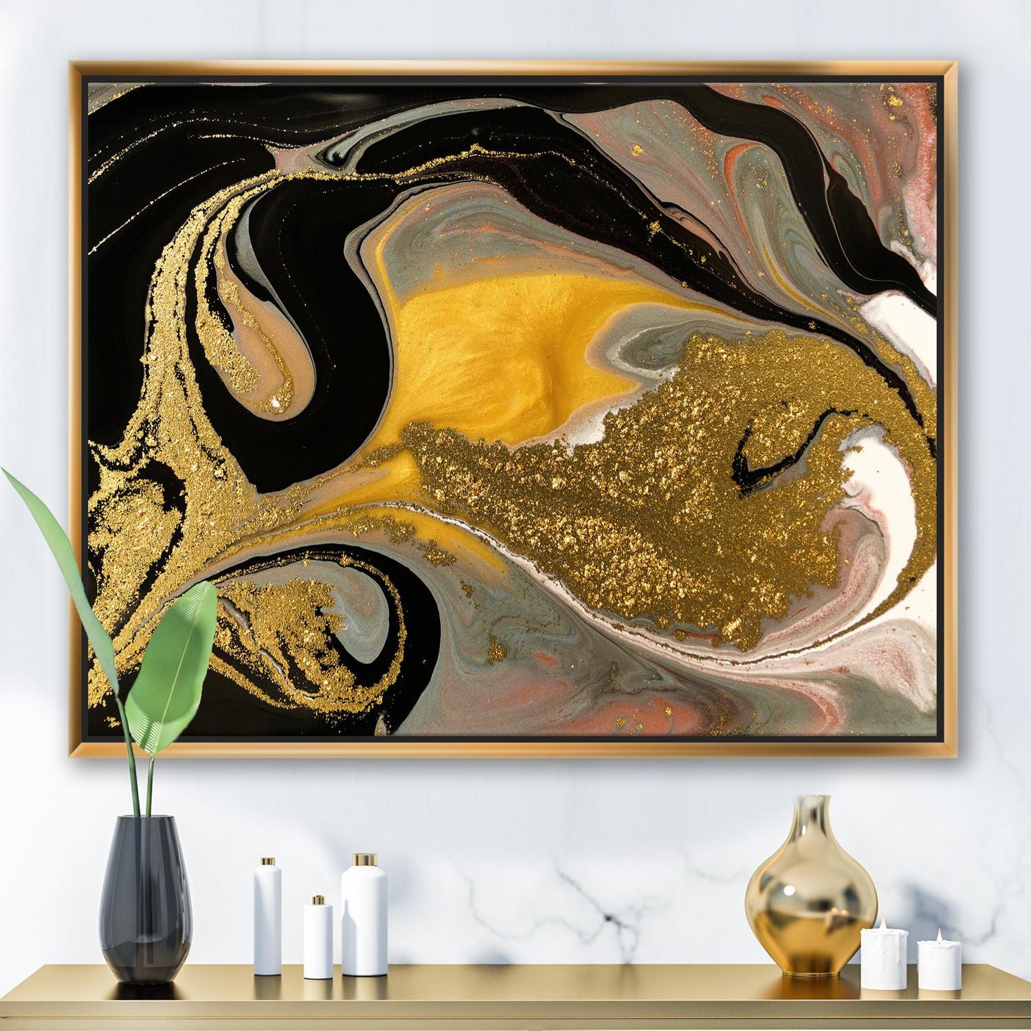 Designart Texture ondulée marbrée or et noir I ART MURAL À CADRE FLOTTÉ