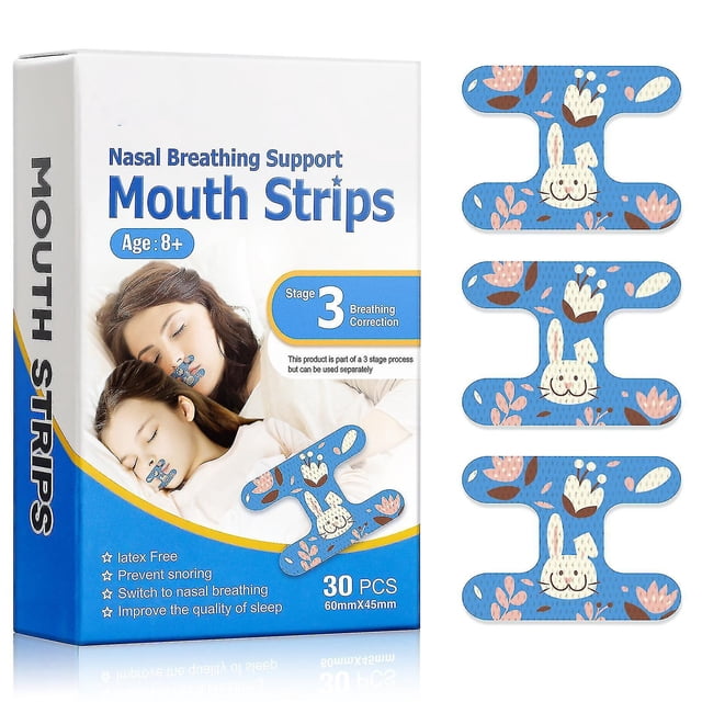 anti snoring plasters and mouth strips, breathing aids mouth plaster for kids adults, mouth tape for sleeping helps against snoring azul YXHMY. Caja frontal con un niño dormido y texto 'Mouth Strips, 30 pcs'; primer plano de tres tiras T-azules con patrón de conejito y flores, 60 mm x 45 mm visible.