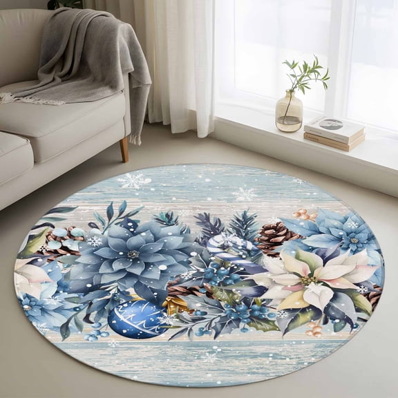 Blue Poinsettia Christmas Round Rug 3ft Washable Circle Entryway Rugs Non Slip Xmas Botanical Balls Snowflake Vintage Area Rug Indoor Floor Carpet for Bedroom Kitchen Office Dining Room Nursery