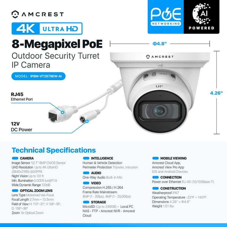 Amcrest 4K Optical Zoom AI IP PoE Camera, Varifocal Outdoor IP POE