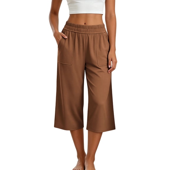 Iyufng Women's Elastic High Waist Capri Pants Square Patch Pockets Soft Knit Loose Casual Cropped Wide Leg Trousers