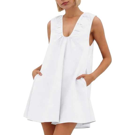 Kvture Women's Sleeveless Babydoll Tank Mini Dress Scoop Neck Ruched Short Dress with Side Pockets Summer Party Dresses White
