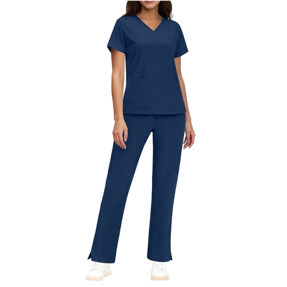 HOMBOM Blue Scrubs for Women Short Sleeve V Neck Scrub Top and Pant Medical Stretch Womens Nursing Uniforms Set