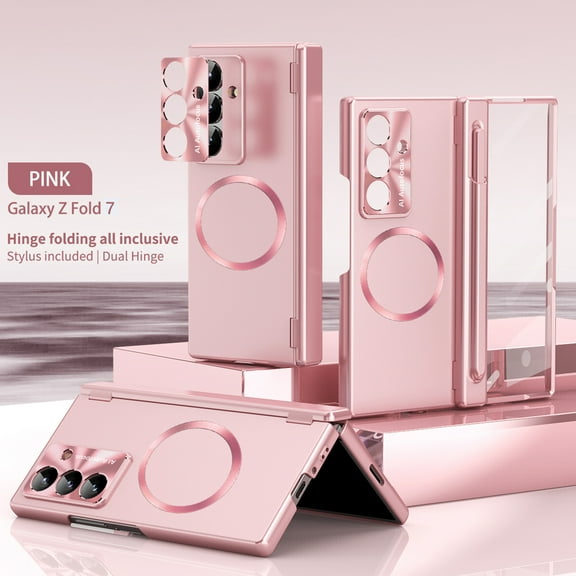Decase Magnetic Case for Samsung Galaxy Z Fold 7 with Dual Hinges & Stylus,Anti-Scratch Hard PC Back Cover Bulit in Tempered Glass Screen Protector with Alloy Camera Protect,Pink