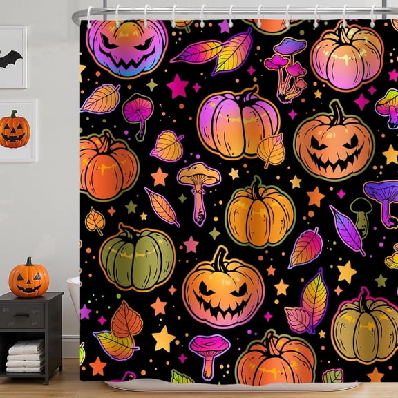 Pbobriich Halloween Shower Curtain Neon Pumpkin Mushroom Bathroom Decoration Bath Curtain 72x72 Inches Polyester Fabric