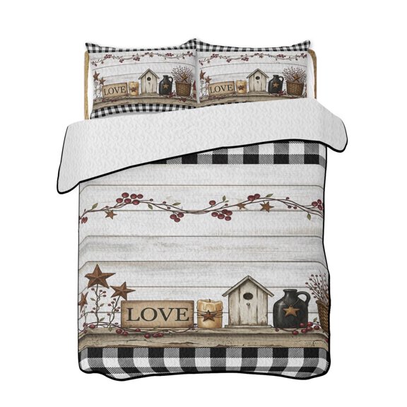 Quilt King Size Bedding Set, Vintage Country Reversible Summer Quilt 3 Pieces, Farm Barn Star Plaid Wooden Grain Lightweight Bedspreads Coverlets with 2 Pillow Shams for All Seasons