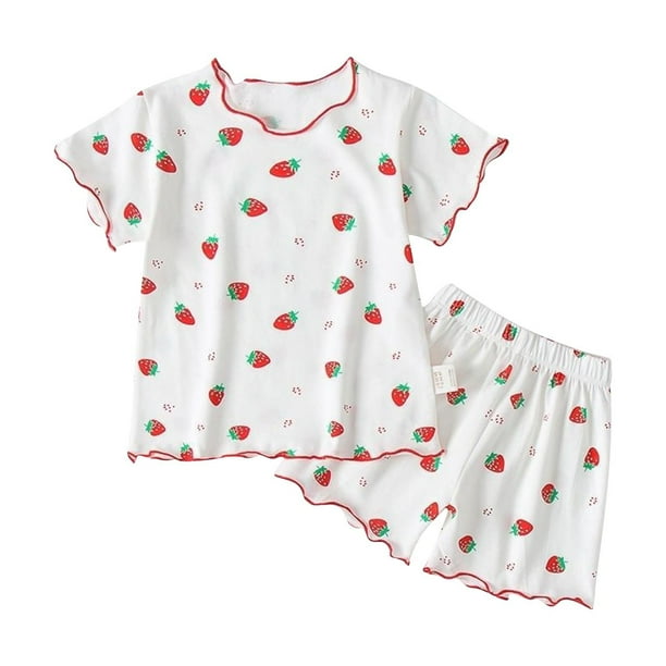 Odeerbi 0-8 Años Niños Niñas Conjunto de Verano Estampado de Fresas Lechuga Manga Corta Tops Shorts Conjunto de Pijama de Dos Piezas