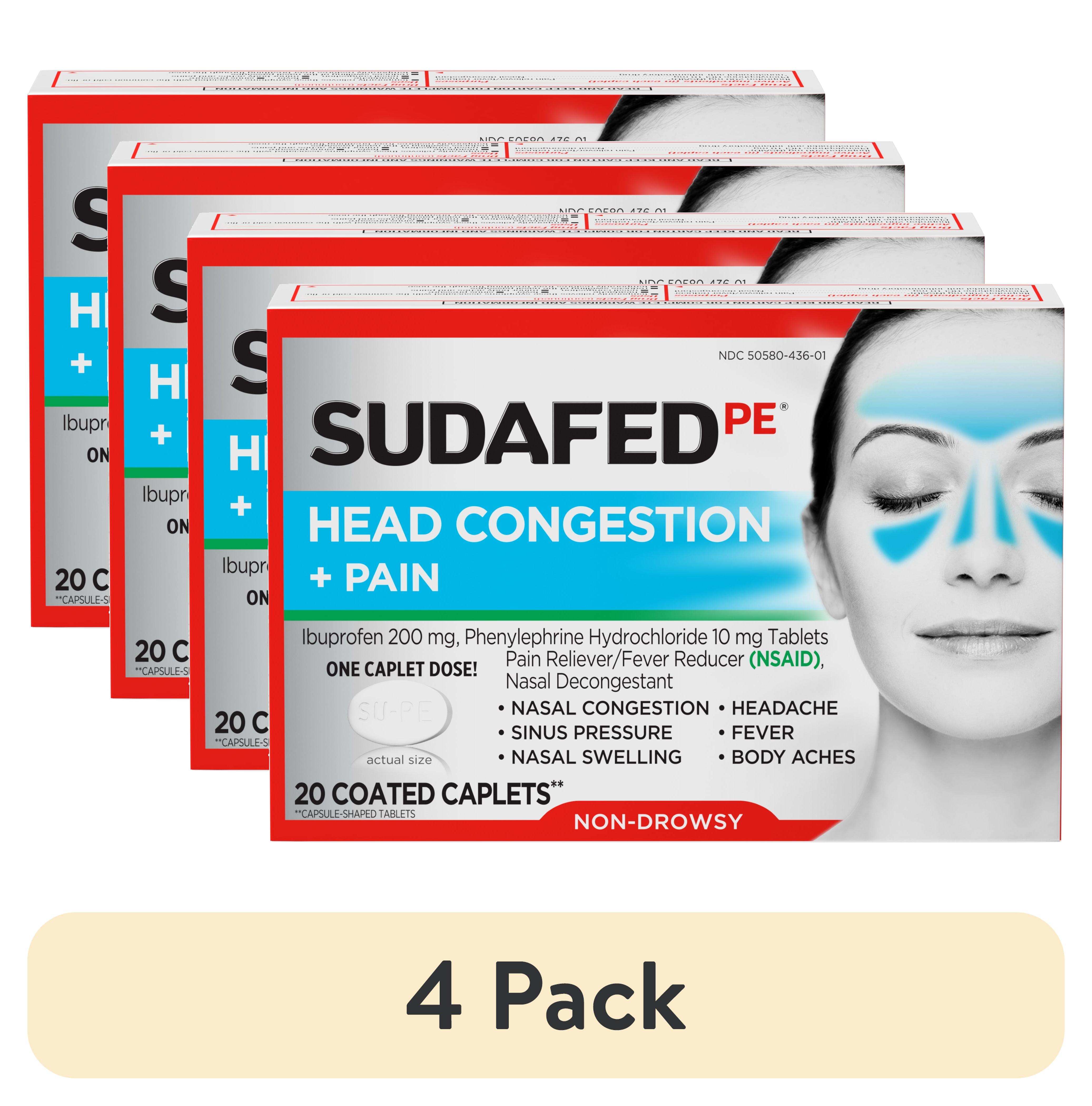 (4 pack) Sudafed PE Non-Drowsy Head Congestion + Pain Relief Caplets, 20 Count