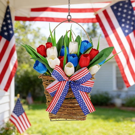 Patriotic Wreaths For Front Door Independence Day Simulation Bouquet, 4th Of July Wreaths For Front Door Red White And Blue Wall Decor