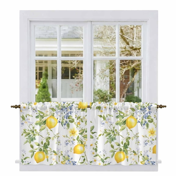 Summer Lemon Tier Curtains, Watercolor Yellow Spring Floral Botanical Light Filtering Kitchen Curtains, 2Pcs Rod Pocket Half Window Treatments Panels for Sink Cafe Cabinet Camper 27.5x24 Inches