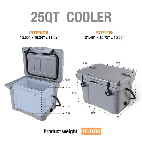 Maircle 25QT Portable Cooler, Insulated Hard Cooler with Bottle Opener, Cup Holder, Forming Ruler, 5-7 Day Ice Retention, Travel, Beach, Camping, Fishing