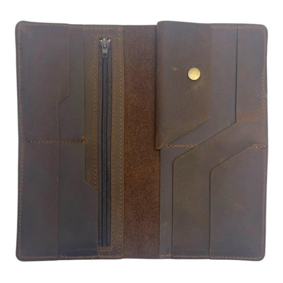 Genuine Leather long BiFold Wallet with Card Slots, Zipper Pocket & Snap Closure for men and women
