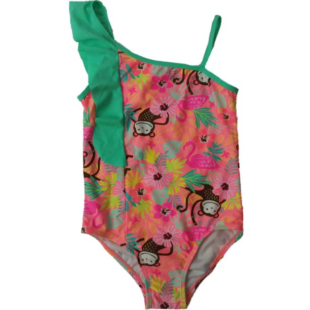 Girls Neon Coral Mint Monkey Flamingo Tropical Swimming Suit One Piece 6 Walmart Com