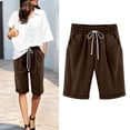 thumbnail image 4 of Cagogo Women Cotton Linen Plus Size Elastic Waist Shorts with Pockets Casual Bermuda Pants Summer Relaxed High Waisted Lounge Beach Trousers, Brown 3XL, 4 of 7