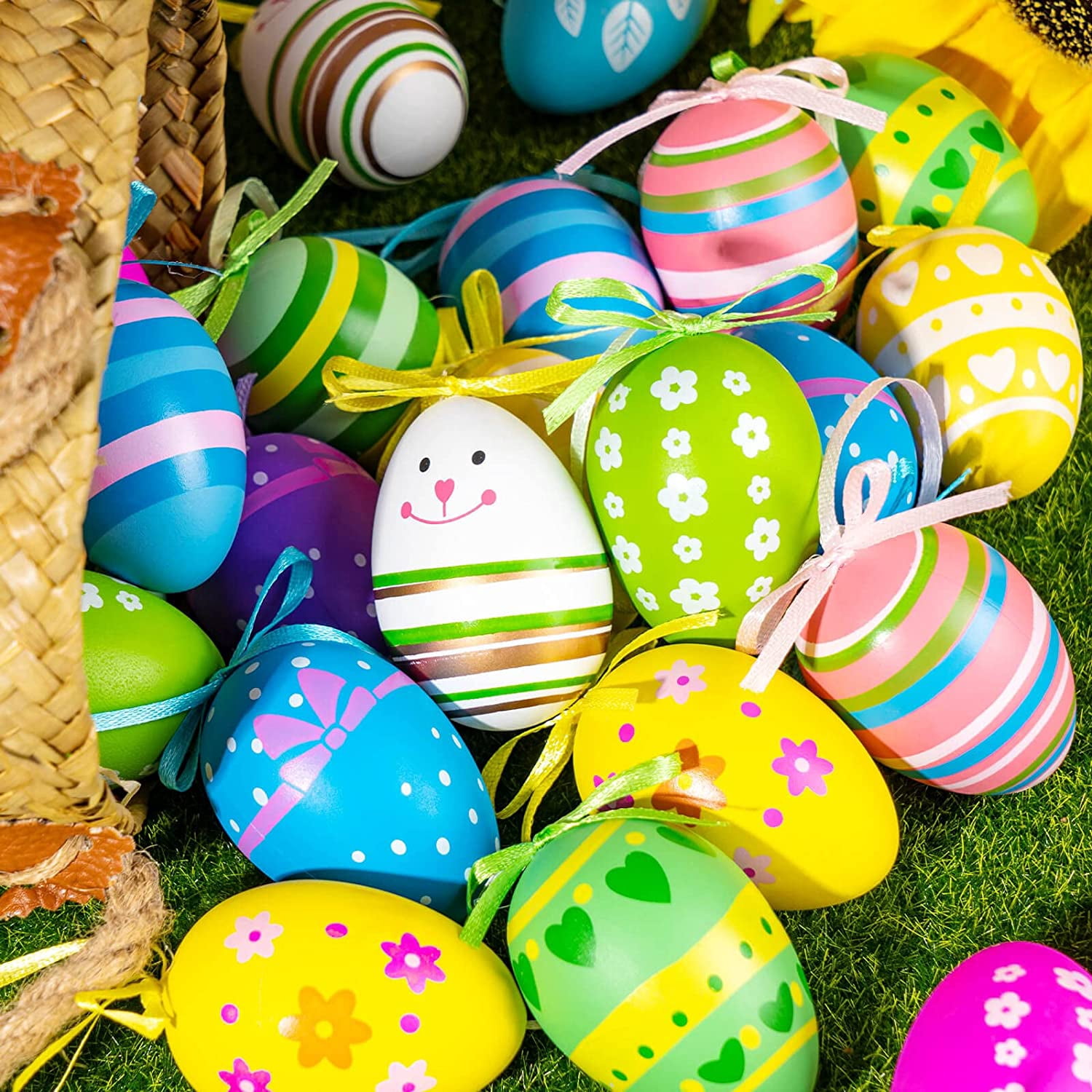 HeaCare Easter Hanging Eggs, 48Pcs Multicolored Plastic Easter Egg Hanging Tree Ornament, Decorative Hand Painted Eggs DIY Crafts with Various Style Stripes Dots Flowers